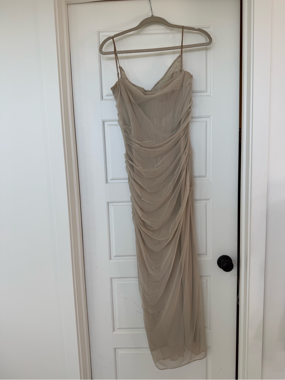 House of CB Taupe Ruched Maxi Slip Dress with Lace Trim